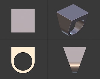May include: Four different ring designs. The first ring is a square with rounded edges. The second ring is a square with a rounded top and a ring band. The third ring is a rounded rectangle with a ring band. The fourth ring is a triangle with a rounded top.