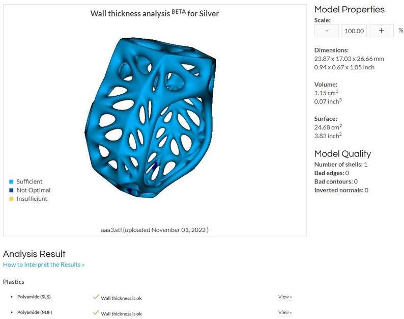 May include: A 3D model of a blue, intricate, lattice-like object. The model is labeled "Wall thickness analysis BETA for Silver" and shows the results of a wall thickness analysis for the model. The analysis indicates that the wall thickness is sufficient for both Polyamide (SLS) and Polyamide (MJF) materials.