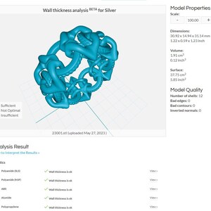 May include: A 3D model of a complex, interlocking design, rendered in a vibrant turquoise blue. The model is labeled "Wall thickness analysis BETA for Silver" and includes details like dimensions, volume, and surface area. The analysis result indicates that the wall thickness is sufficient for various plastics, including polyamide, ABS, alumide, and polypropylene.