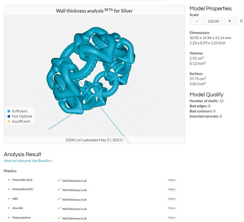 May include: A 3D model of a complex, interlocking design, rendered in a vibrant turquoise blue. The model is labeled "Wall thickness analysis BETA for Silver" and includes details like dimensions, volume, and surface area. The analysis result indicates that the wall thickness is sufficient for various plastics, including polyamide, ABS, alumide, and polypropylene.