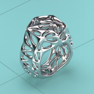 May include: A silver, geometric, openwork ring with a complex, intricate design. The ring is made of a smooth, shiny metal and has a three-dimensional, organic shape.