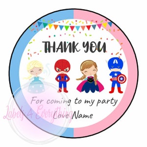 Personalised Superhero Princess Joint Birthday Party Stickers Thank You Sweet Boy Girl