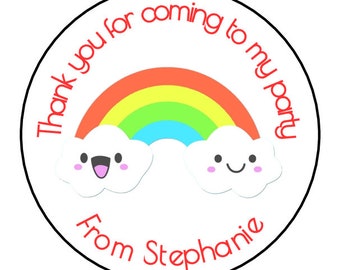 Rainbow Clouds Personalised Thank You For Coming To My Birthday Party 24 Stickers, Sweetie Cone, Party Bags