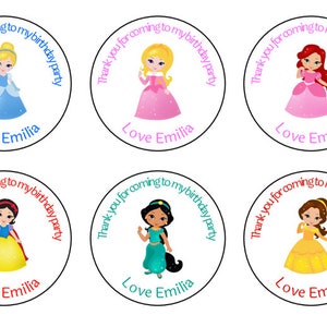 Cute Princess Personalised Thank You For Coming To My Birthday Party 24 Stickers, Sweetie Cone, Party Bags, Jasmine, Belle, Beauty