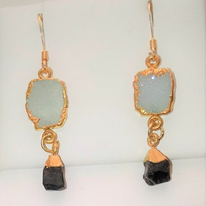 Freeform Druzy chalcedony Quartz with Black onyx drop