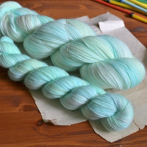 May include: Two skeins of teal and light blue yarn with a white background. The yarn is arranged in a loose coil.