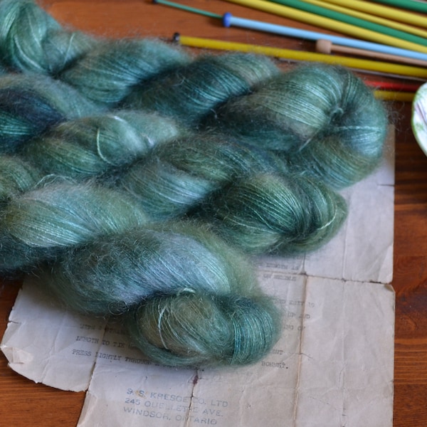 Evermore, Kid Silk Mohair, Fluffy, Fuzzy Yarn, Shawl Yarn, Hand Dyed Indie, Lace Weight 50g, Green Tonal Yarn, Knit Crochet Canada