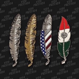 May include: Four feather-shaped pins arranged in a row. The first is silver, the second is gold, the third features the American flag design, and the fourth displays the Mexican flag colors with a central eagle emblem on a white stripe.