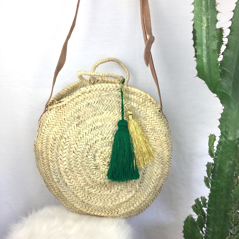 Round basket and 2 large green cactus and gold tassels basket round wicker basket basket Moroccan tassel tassel pendant basket round tassel