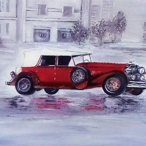 Vintage Car Painting Original Artwork by Oil And Acrylic On Canvas, Fine Art, Canvas Painting