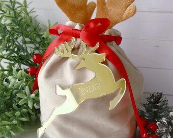 Personalised Reindeer Gift Pouch | Christmas Gift Bag | Personalised Gift Tag Set