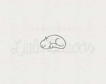 Fine Line Sleeping Cat Tatouage temporaire (Ensemble de 3)