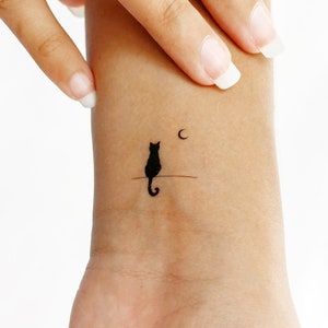 Minimalist Standing Cat Looking at Moon Temporary Tattoo (Set of 3)