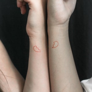 Matching Broken Red Heart Outline Temporary Tattoo (Set of 3+3)