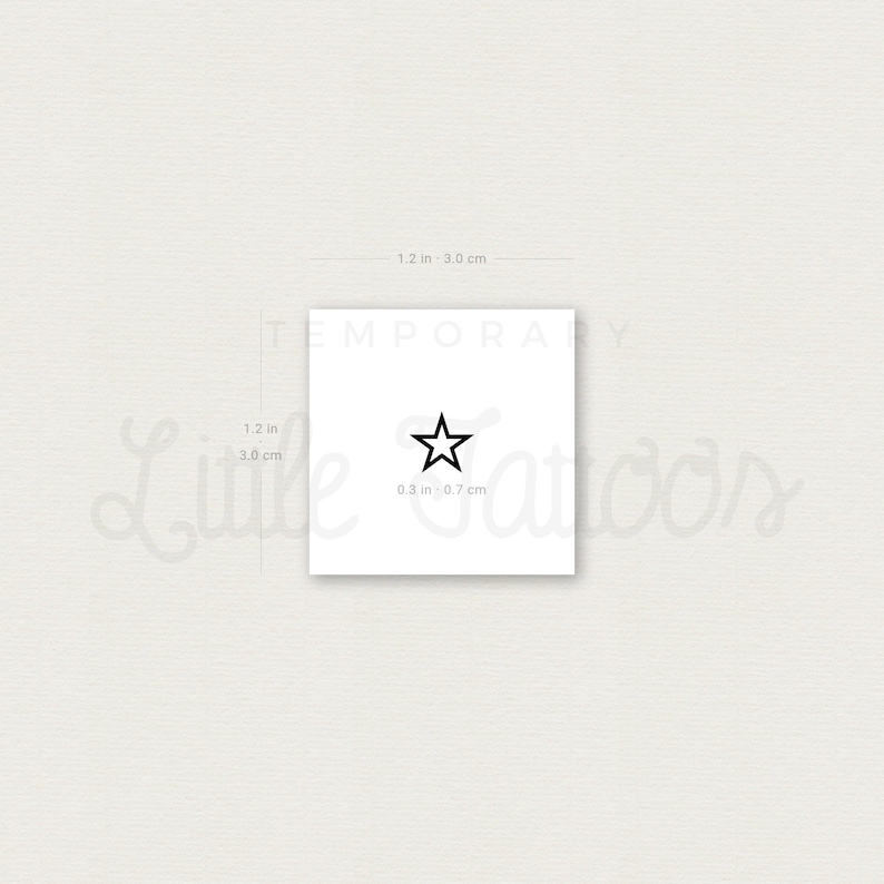 May include: A black star temporary tattoo, measuring 0.3 inches by 0.7 inches. The tattoo is on a white background.