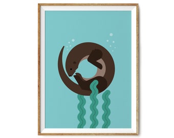 Otter & Kelp | Giclèe Print | Ocean Art | Animal Artwork | Wildlife Artist | Archival Quality | Seaweed | Underwater | Nature Lovers | Coast
