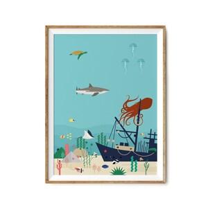 Naufragio en fondos marinos / Impresión Giclèe / Tiburón / Pulpo / Obras de arte oceánicas / Tortuga / Arrecife de coral / Ilustración infantil