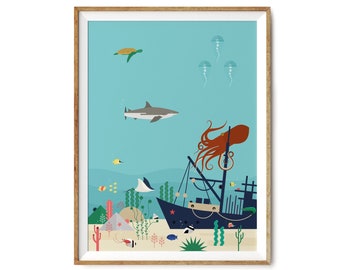 Seabed Shipwreck | Giclèe Print | Shark | Octopus | Ocean Artwork | Turtle | Coral reef | Children’s illustration