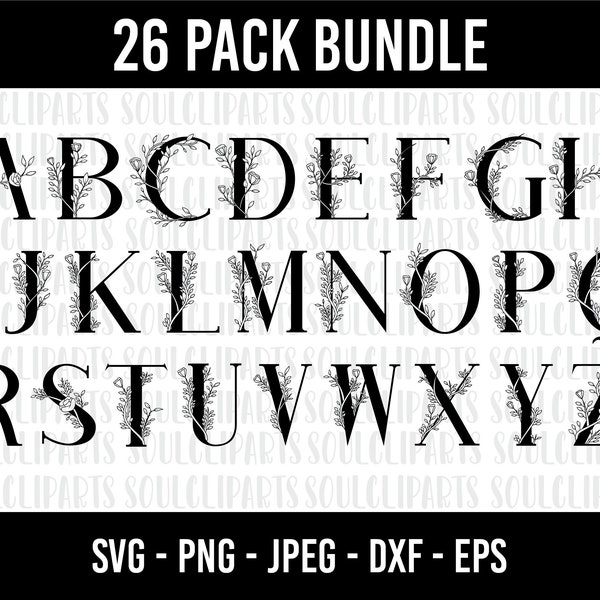 COD718- A-Z alphabet floral svg, fleur monogramme svg, lettres florales svg, svg alphabet floral, alphabet floral, monogramme police svg