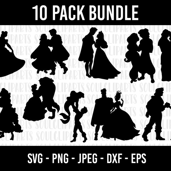 COD1000- Couple svg bundle, Princess silhouette svg bundle, Snow White SVG, Princess SVG, princess svg Files for Cricut Silhouette