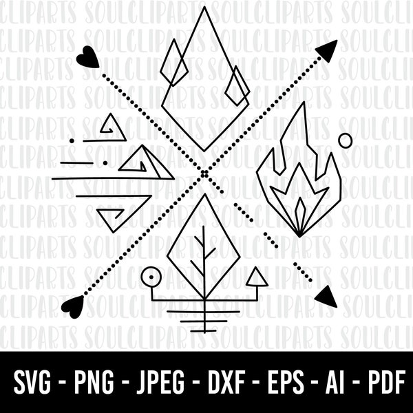 COD580-Four Elements SVG, 4 Elements Symbols, Four Elements Template, Water Svg, Earth Svg, Air Svg, Fire Svg /Commercial use