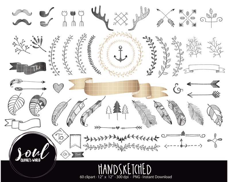 Cod996 Banner Doodle Clipart Wedding Clipart Hand Drawn Etsy