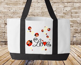 3027 Personalized Ladybird Beetle Cotton Book Bag for Girls or Boys Ladybug Kids Tote Bag