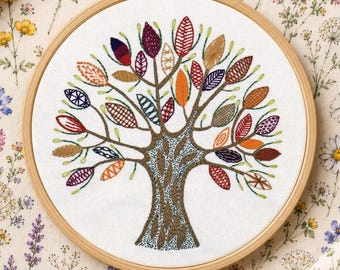 Hand embroidery Tree Stitch Sampler, Pre Printed Fabric PLUS PDF Guide, links to step by step blog tutorials for the different stitches