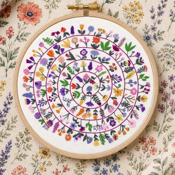 Round & Round the Garden, Pre Printed Fabric Panel PLUS PDF Pattern, flower embroidery, Floral Hand embroidery, beginner embroidery