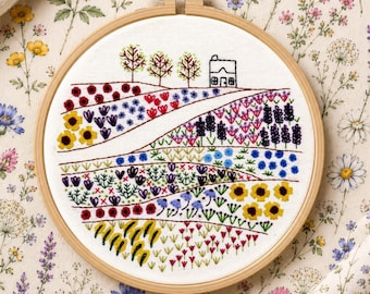 Flower Meadow Cottage Hand Embroidery PDF Pattern, flower embroidery, nature embroidery pattern. Floral Hand embroidery design.