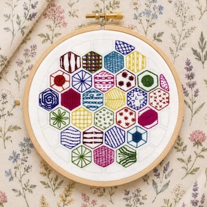 Hexagon Sampler, Hand embroidery PDF pattern, Embroidery Sampler, Learn 20 hand embroidery Stitches, Beginner embroidery