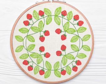 Padrão de bordado à mão, espiral de morango, arte em bastidor em PDF, desenho de bordado de frutas para iniciantes, linha colorida, download instantâneo