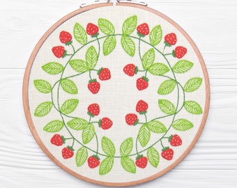 Hand Embroidery Pattern, Hand Embroidered Strawberries, embroidery pattern PDF, Beginner embroidery pattern. Embroidery Hoop Art