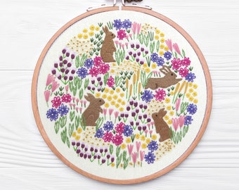 WildFlowers and Rabbits Hand Embroidery PDF Pattern, flower embroidery, nature embroidery pattern,  Rabbit Hand embroidery design