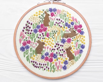 WildFlowers and Rabbits , Pre Printed Fabric Panel PLUS PDF Pattern, hand embroidery pattern and fabric, Rabbit Hand embroidery design