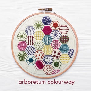 Op de afbeelding: Een witte borduurring met een kleurrijk geometrisch patroon geborduurd in verschillende tinten groen, rood, geel, blauw en paars. Het patroon bestaat uit zeshoeken en de tekst "arboretum colourway" is onder de ring gedrukt.