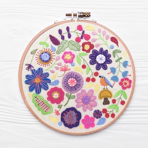 Enchanted Garden, Pre Printed Fabric Panel PLUS PDF Pattern, Applique Hand embroidery design, Embroidery Sampler