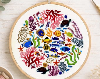 Ocean Wonders hand embroidery Kit, Pre printed embroidery fabric, hand embroidery kit with supplies, sea life embroidery, ocean life