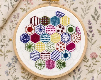 Hexagon Sampler Hand Embroidery Kit, Pre Printed Fabric, Beginner Stitch Sampler, Learn 20 Stitches Gift
