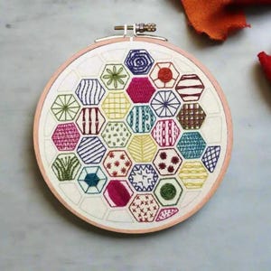 Hexagon Sampler, Hand embroidery PDF pattern, Embroidery Sampler, Learn 20 hand embroidery Stitches, Beginner embroidery