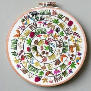 Könnte beinhalten: Ein runder Stickrahmen mit weißem Hintergrund und einem farbenfrohen, filigranen Design einer Waldszene. Das Design zeigt eine Vielzahl von Flora und Fauna, darunter Pilze, Blätter, Blumen, Vögel, Schnecken und ein Kaninchen. Die Stickerei ist in verschiedenen Farben gehalten, darunter Rot, Grün, Blau, Gelb und Braun.