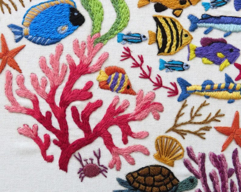 Ocean Wonders, Pre Printed Fabric Panel PLUS Pattern, hand embroidery pattern image 11