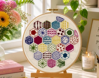 Hexagon sampler, pdf-handborduurpatroon, borduurvoorbeeld, 20 handborduursteken leren, borduren voor beginners