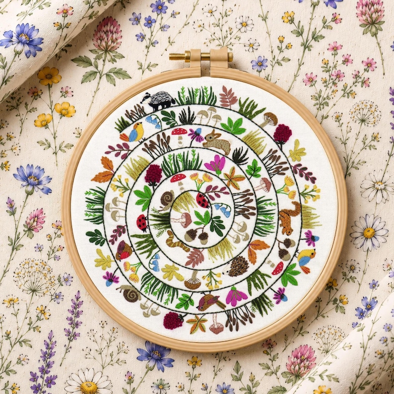 Round & Round the Woodland hand embroidery kit, embroidery fabric, embroidery thread