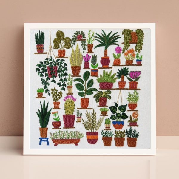 Plantopia, Pre Printed Fabric Panel PLUS Pattern, hand embroidery pattern, plant embroidery, houseplant embroidery