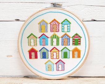 Hand Embroidery Pattern, Beach Huts, Colorful embroidery  Hoop Art, PDF embroidery Pattern