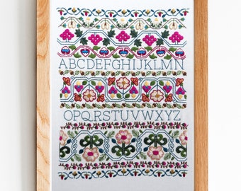 18th Century Sampler, hand embroidery kit, traditional band sampler embroidery design, embroidery thread