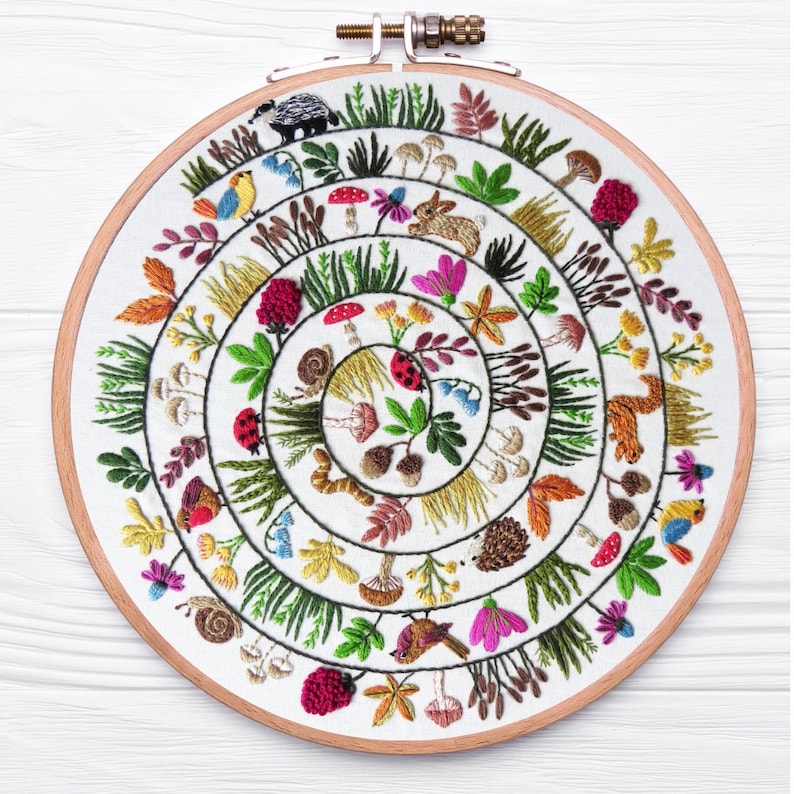 round and round the woodland hand embroidery pattern beautifully presented and created by hand stitching.