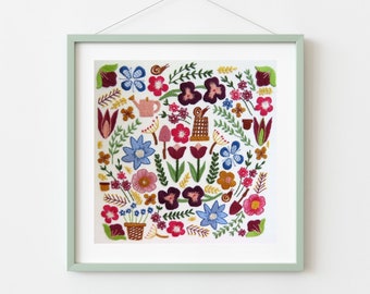 Garden Glory Pre Printed Fabric Panel PLUS PDF Pattern, hand embroidery pattern, hand embroidery sampler