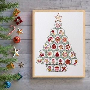 Folk Christmas Tree Advent Calendar hand embroidery pattern, PDF pattern to download
